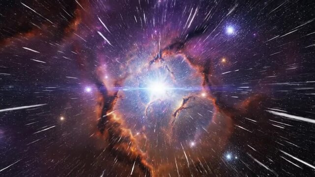 Hyperspace warp speed travel through colorful nebula and starfield in deep universe for sci-fi backgrounds