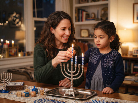 Mother and daughter lighting menorah together at home during Hanukkah celebration