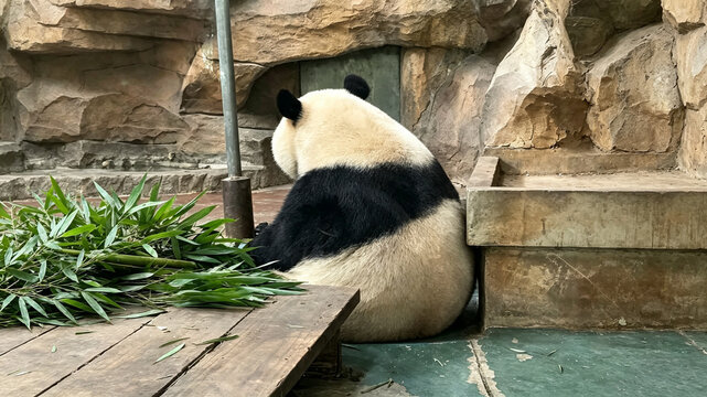 Giant Panda Sitting Facing Away in Zoo Habitat with Bamboo