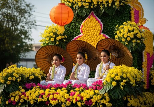 Three young women in traditional white clothing on a floral parade float