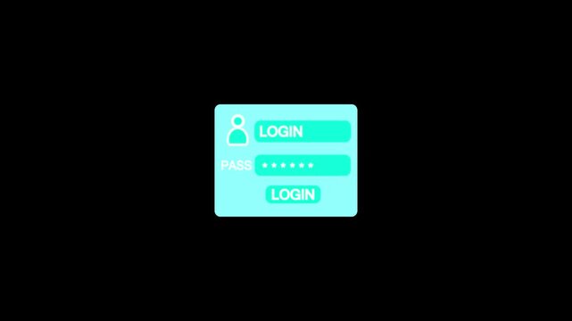 Digital login interface animation with user authentication form and password entry field