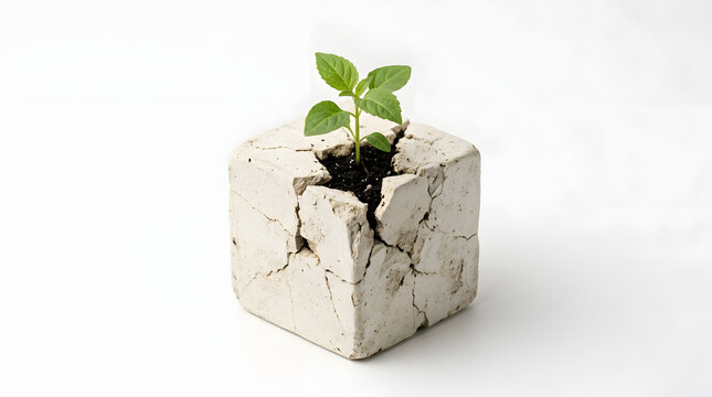 Small green plant growing from a cracked concrete cube isolated on a