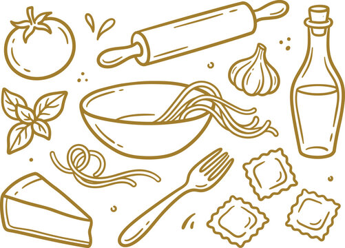 Hand drawn italian food icons set featuring gold outline of pasta, tomato, garlic, basil, olive oil, cheese, ravioli, and a dinner fork