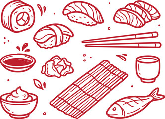 Japanese sushi and sashimi food doodle set featuring maki rolls, salmon nigiri, sliced fish, soy sauce, ginger, chopsticks, and a bamboo mat © Fazle