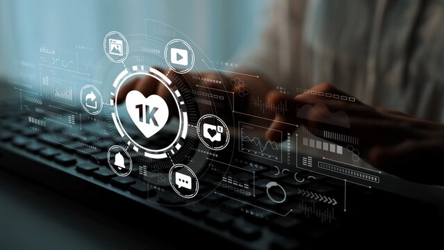 Digital Interface Showing Social Media Interaction with Heart Icon and Keyboard in Background for Technology and Communication Concepts. Entropy.