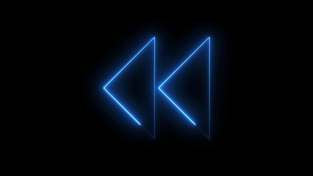 Animated blue neon double triangle rewind icon left facing with glowing chase light effect.Media player video music streaming backward loop on black background.loopable UI interface rewind animation