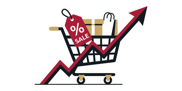 Shopping cart with sale tag and rising arrow for black friday retail marketing and promotion