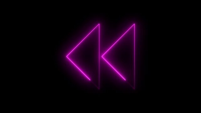 Animated magenta pink neon double triangle rewind icon left facing with glowing chase light effect. Aesthetic media player video music streaming backward loop on black background. 4K