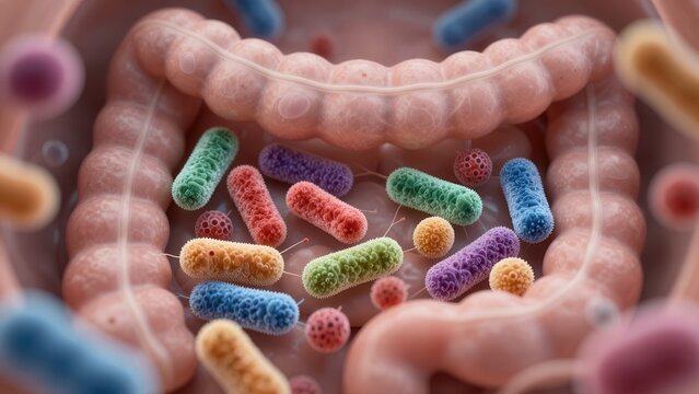 Digestive Microbiota Bacteria, Microscopic gut bacteria interacting inside an intestinal environment