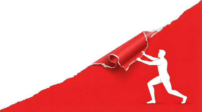 Vector illustration of a white silhouette man peeling back a diagonal layer of bright red torn paper from the corner, revealing a clean white background with realistic curl shadows and rough edges