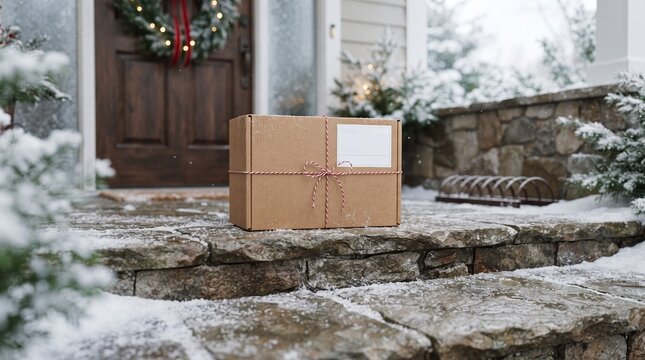Cardboard box on snowy doorstep with a christmas wreath and house entrance in the background with placed snow covered covered stone step red string
