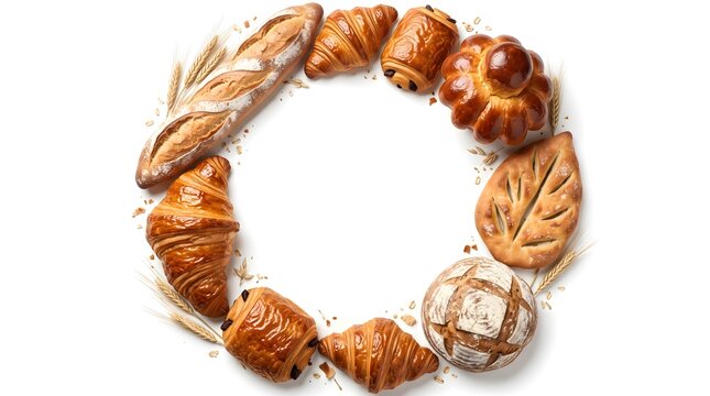 Circular wreath arrangement of fresh baked breads and pastries with copy space