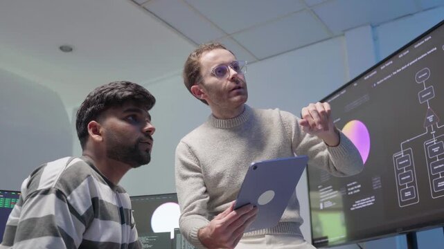 Software engineer with team use digital tablet Presenting system cyber security, coding on computer screen. Professional programmer meeting work use technology AI verify code or reading data develop
