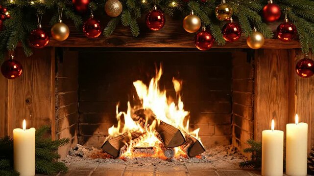 Cozy christmas fireplace burning bright with festive holiday decor, glowing candles, and pine garland for winter season background
