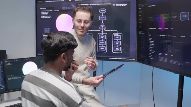Software engineering use computer working development office are assisting algorithm systems or verifying code. Programmer teamwork using artificial intelligence on tablet analysis or writing coding