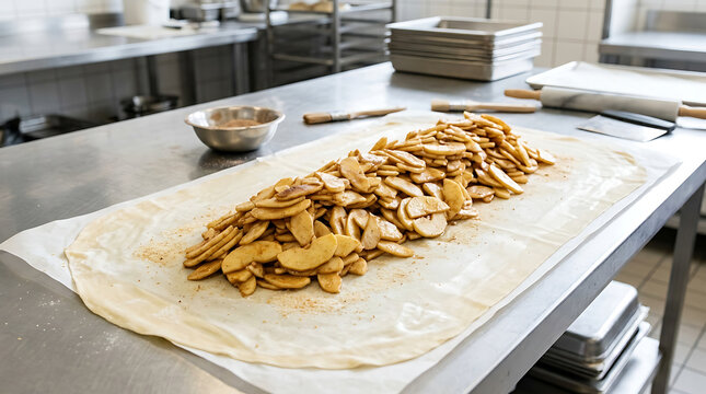 Sliced apples piled on pastry dough for strudel preparation in a professional kitchen