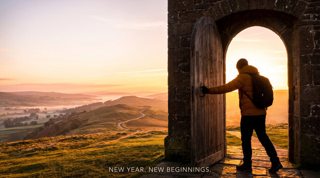 Hiker opening stone arch doorway overlooking glowing sunrise landscape.