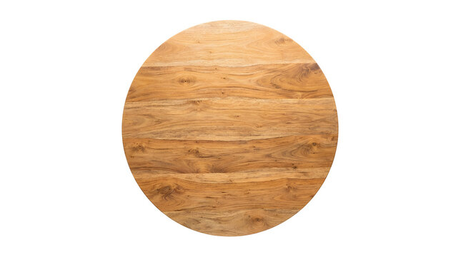 Direct top-down view of a circular wooden table top made of joined planks with visible natural grain patterns, knots, and warm golden-brown tones, isolated completely on a clean white background