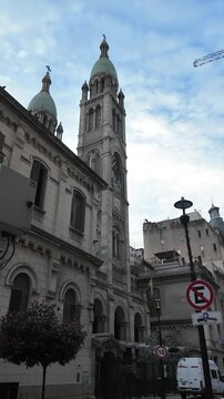 Vertical view of the neo-Gothic towers of the Blessed Sacrament Basilica along Kavanagh Passage in the Retiro district, Buenos Aires.