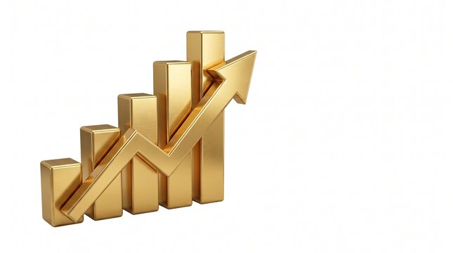 Golden bar chart with upward arrow showing growth success isolated on white
