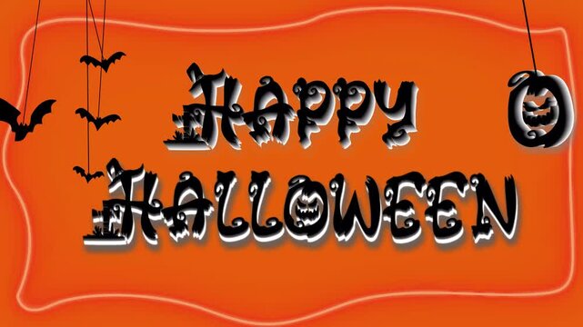neon light on Happy Halloween template animaton on bat hanging on pamking animation on solied colour