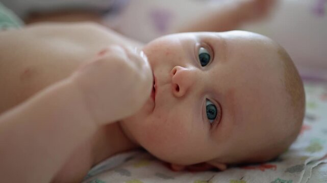 Close up of a blue eyed infant regurgitating breast milk after overeating, a common digestive issue known as infant reflux, spit up, or gerd in newborns