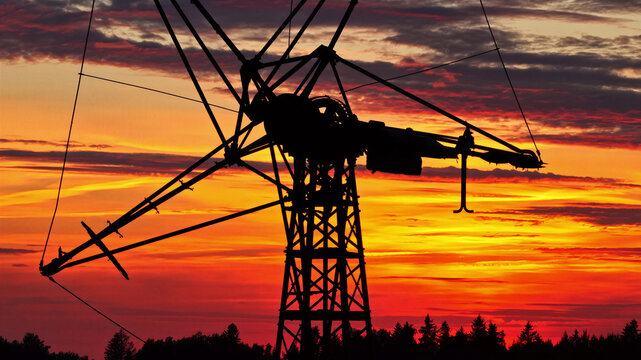 Aerial view of a silhouette of an industrial crane against a vibrant sunset sky with orange and red clouds above a dark treeline in Latvija.