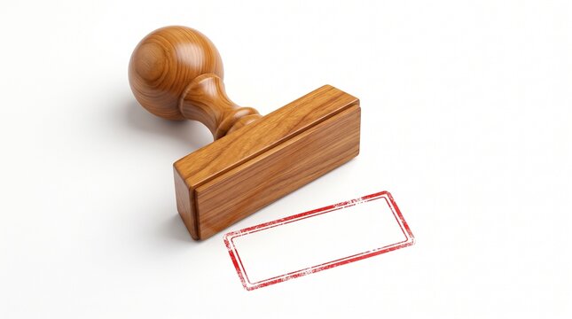 Wooden rubber stamp with blank red rectangle imprint isolated on white background
