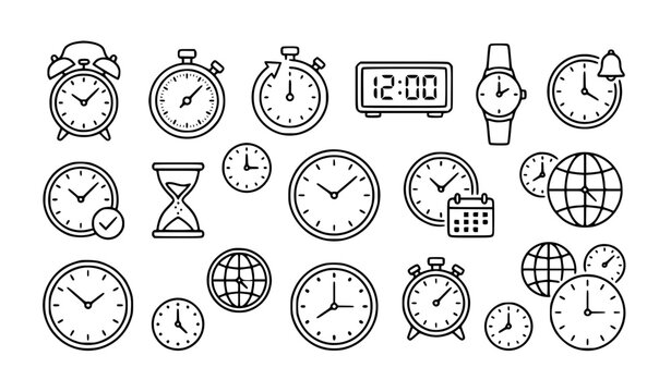 Modern Time Management Clock Watch and Scheduling Outline Icons