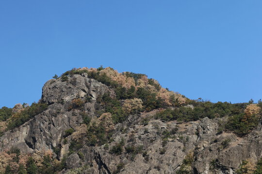 Rocky ridge with autumn trees under a clear blue sky in the Olt Valley, Romania, with copy space
