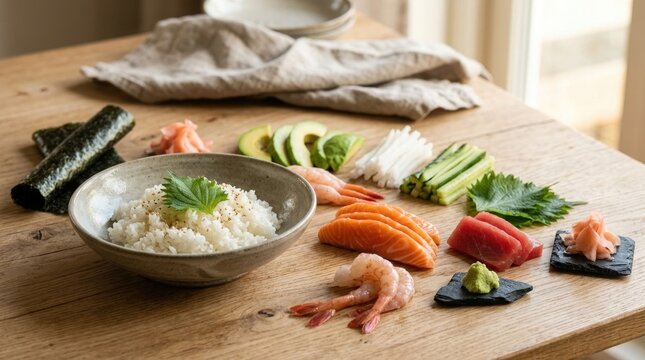 Freshly prepared sushi and sashimi with vibrant vegetables on a wooden table