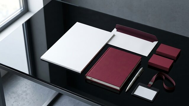 Professional corporate branding stationery mockup featuring a burgundy notebook, business cards, white folder, and silver pen arranged on a sleek black glass office desk for identity design
