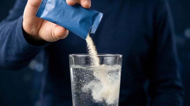 Close-up of a person's hand pouring white powder from a blue sachet into a clear glass of water, dissolving instantly, concept of health and wellness