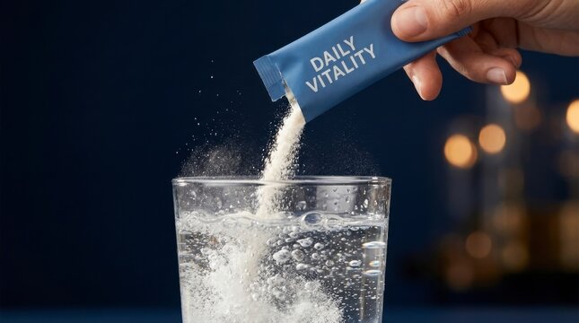 Hand pouring powdered supplement from a "Daily Vitality" sachet into a glass of water, creating a health drink, concept of health and wellness
