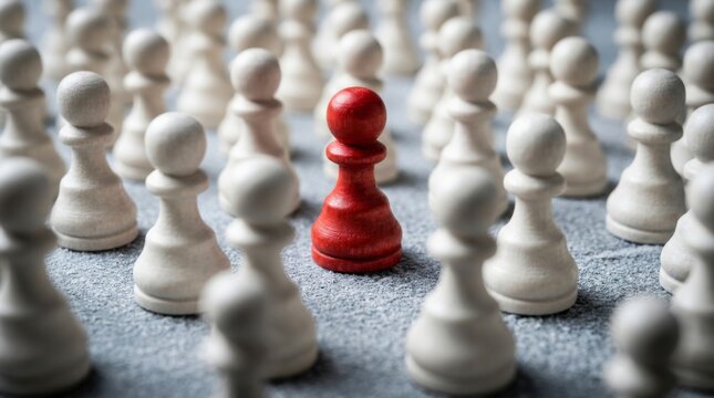 Single red chess pawn standing out among many identical white pawns on a textured gray surface, symbolizing individuality and leadership, concept of individuality and leadership