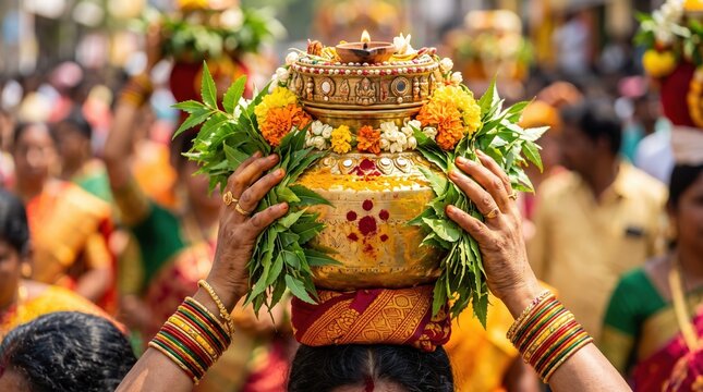 Woman carrying a decorated brass ghatam pot adorned with neem leaves and a lit lamp. Traditional Bonalu festival in Telangana India