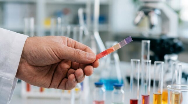 Close-up of a scientist's hand holding a pH test strip in a laboratory with various beakers and equipment in the background, concept of scientific research and analysis