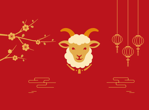Chinese new year card, Chinese New Year, year of the goat. Chinese goat on a red background, with copy space 2027