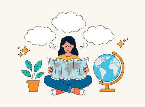 Vacation planning concept, person looking for their next travel destination, Woman looking at a map to plan her next trip.