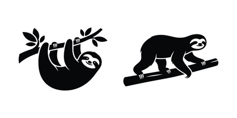 Minimalist black and white vector illustration set of cute sloths hanging and climbing on tree branches © Nargis