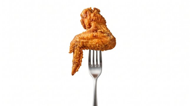 Crispy golden fried chicken wing pierced by a shiny silver metal dining fork on white background