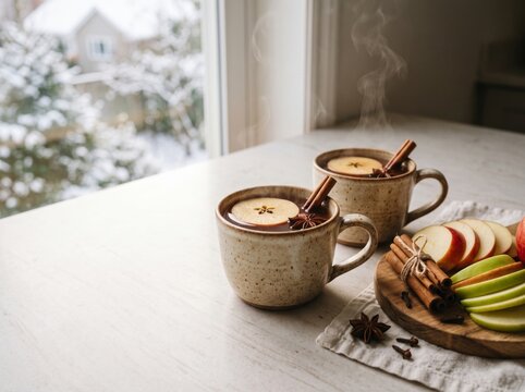 Friends Sharing Spiced Apple Cider at an Outdoor Winter Gathering. AI generative
