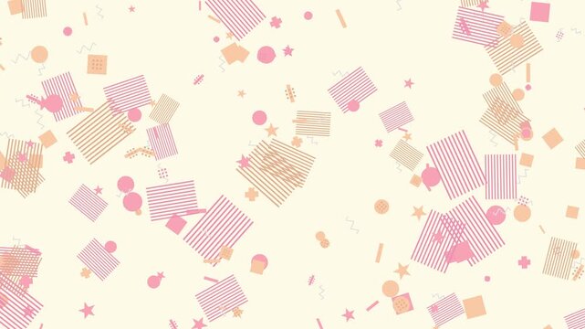 Memphis style abstract geometric background with pastel pink shapes rotating on cream backdrop
