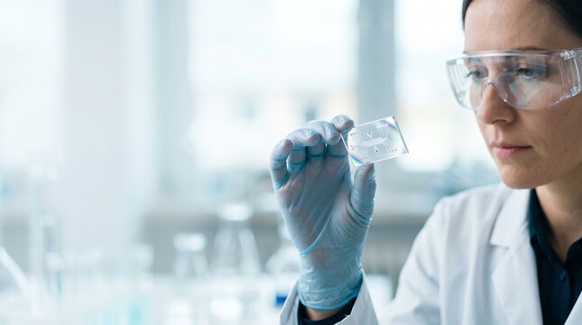 Female laboratory scientist in protective goggles and nitrile gloves holding and inspecting a transparent glass microfluidic lab-on-a-chip device for biotechnology research.