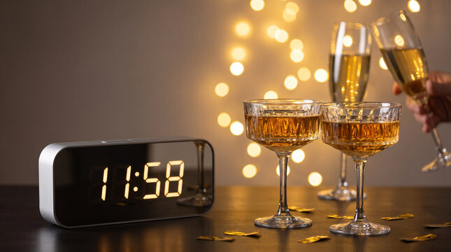 Clock displaying almost midnight sits beside sparkling champagne glasses under warm bokeh lights.