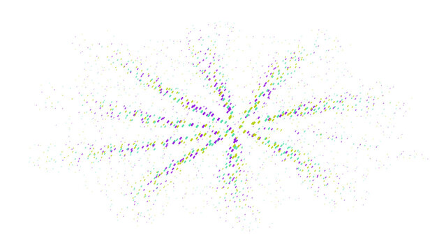 Radial starburst pattern of multicolored glowing particles emanating from a central point on a dark black background, for visual isolated on a transparent background
