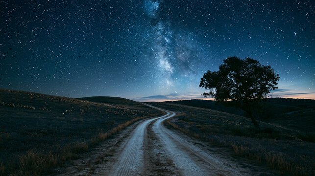 A dirt road winds through a dark landscape under a vibrant starry Milky Way galaxy night sky. Perfect for travel and nature discovery themes.