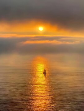 Silhouette of a small sailboat on calm waters against a dramatic golden sunset sky, with sun rays reflecting off the ocean surface