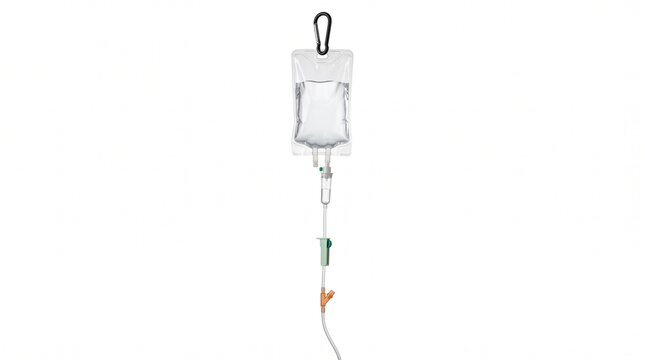 Transparent intravenous drip bag filled with sterile medical saline solution hanging securely on white background