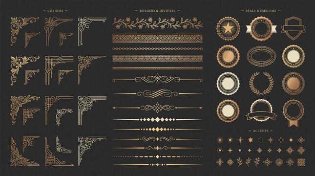Elegant Vintage Gold and Silver Decorative Borders Frames and Corner Ornaments Vector Set